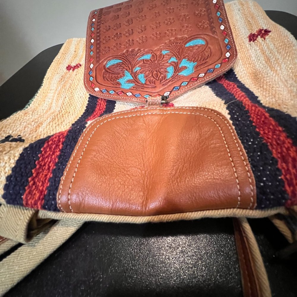 Boho western woven backpack tooled leather flap Aztec southwestern festival bag - Picture 4 of 12